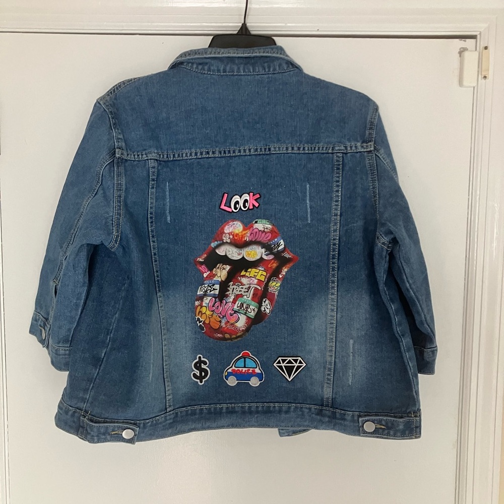 Ladies “ Crazy Denim “ look jacket.  NWT.    Beatiful custom design on back.